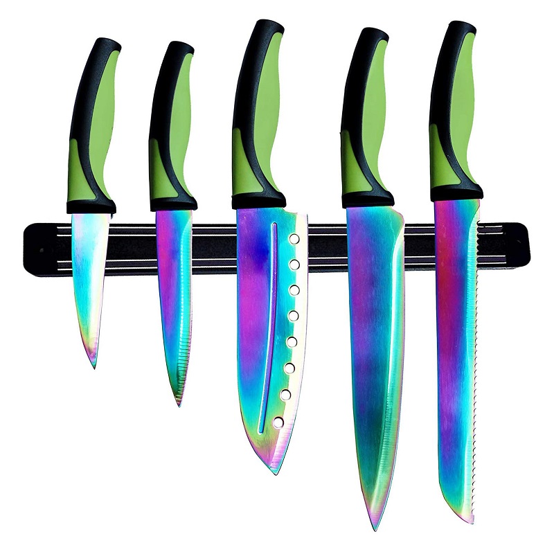 Venda quente Profissional 5 PCS Titanium Color Pakka Wood Handle Kitchen Knives Set With Magnetic Rack 