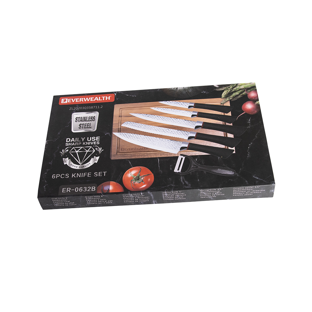 New-Arrival 6PCS Knife Set Black Plastic Handle Aço Inoxidável faca de cozinha Set With Gift Box Package 