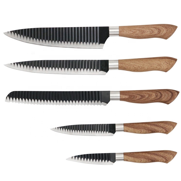 5 Pcs Aço Inoxidável Grão de Madeira Revestimento Handle Knife Set Com Pacote de Caixa de Presente 