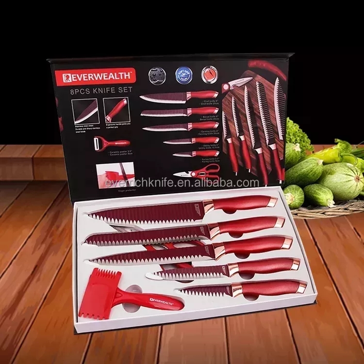 Topest Attractive Hot Selling 8 Pcs Conjunto de faca de cozinha Cor vermelha com caixa de presente 