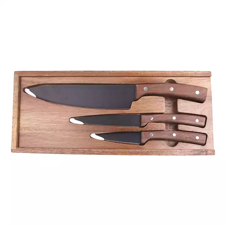 Hot Selling New Design Black Oxide Coating Facas de cozinha Chef Knife Set With Walnut Wood Handle 