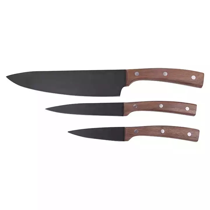 Hot Selling New Design Black Oxide Coating Facas de cozinha Chef Knife Set With Walnut Wood Handle 