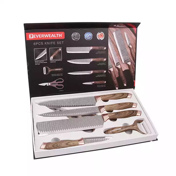 6pcs PP Com Madeira Grão Revestimento Handle Knife Set Facas de Cozinha Revestidas Coloridas Set In Gift Box 