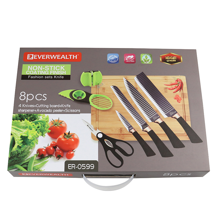 Novo Design Green Color Gift Box Embalagem Scissor Abacate Peeler E PP Handle Kitchen Knife Set Com Bamboo Cutting Board 