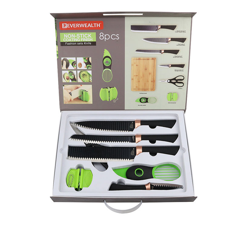 Novo Design Green Color Gift Box Embalagem Scissor Abacate Peeler E PP Handle Kitchen Knife Set Com Bamboo Cutting Board 