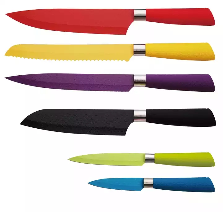 China Fashion Factory Colorido Aço Inoxidável Utensílios de Cozinha 7-Piece PP + TPR Handle Kitchen Knife Set 