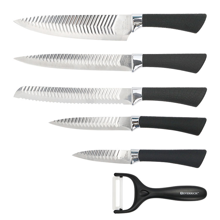 Best-Selling Utensílio de Cozinha Caixa de Presente Prático Polido E Embossed Aço Inoxidável Preto Plástico Handle Kitchen Knife Set 