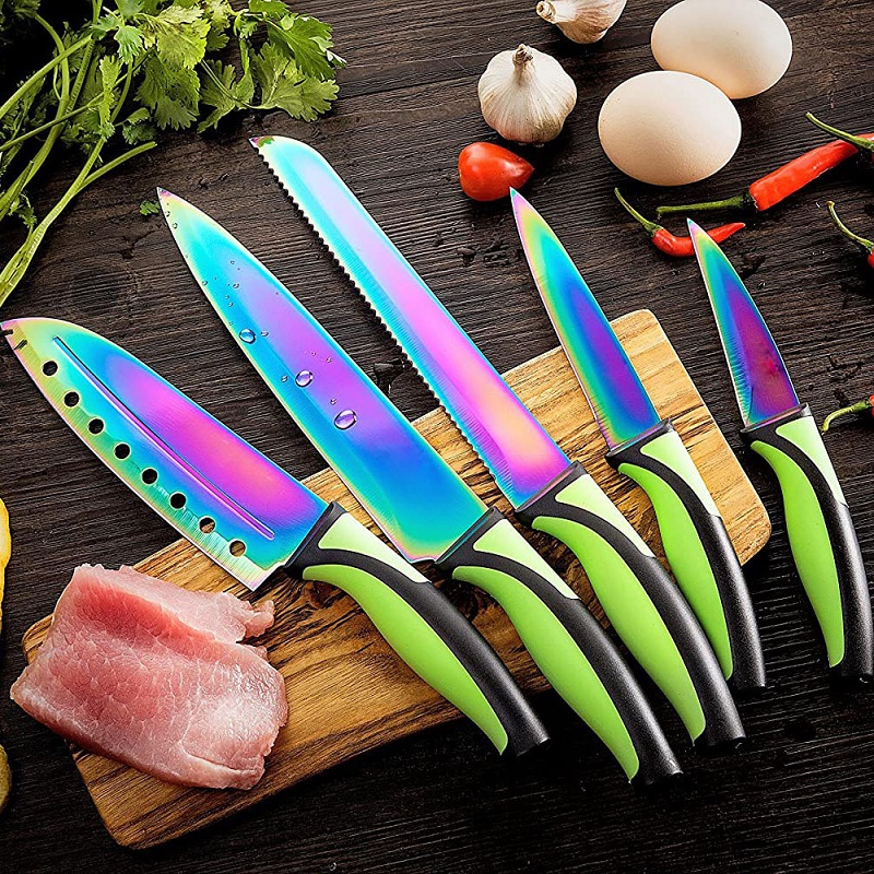 Venda quente Profissional 5 PCS Titanium Color Pakka Wood Handle Kitchen Knives Set With Magnetic Rack 