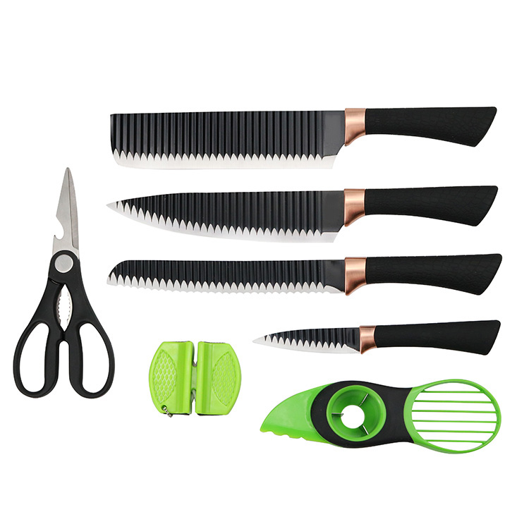 Novo Design Green Color Gift Box Embalagem Scissor Abacate Peeler E PP Handle Kitchen Knife Set Com Bamboo Cutting Board 