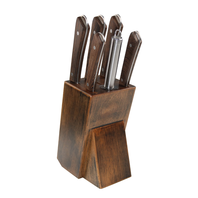 Conjunto de faca de cozinha com bloco de madeira 7pcs Wenge Wood Handle Knife Com Sharpening Steel Knife Block 