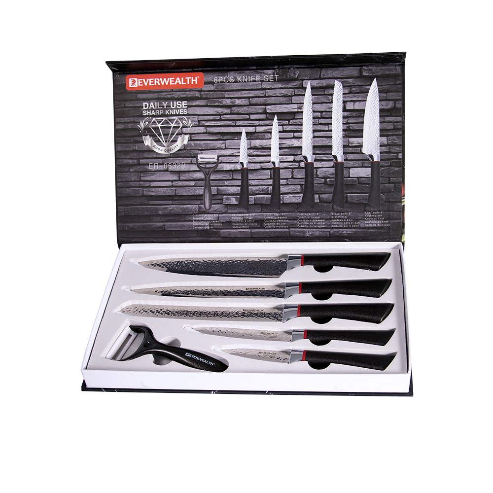 New-Arrival 6PCS Knife Set Black Plastic Handle Aço Inoxidável faca de cozinha Set With Gift Box Package 