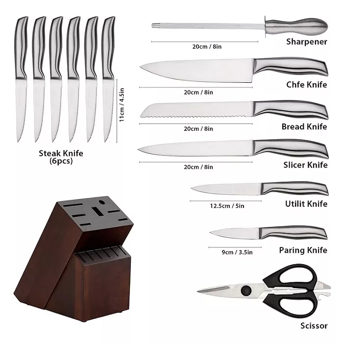 Fábrica Atacado Custom OEM Professional 14 Pcs Chef Knife Sets Aço Inoxidável Conjunto de facas de cozinha com bloco 