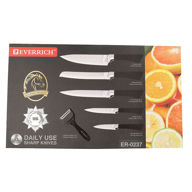 Best-Selling Utensílio de Cozinha Caixa de Presente Prático Polido E Embossed Aço Inoxidável Preto Plástico Handle Kitchen Knife Set 