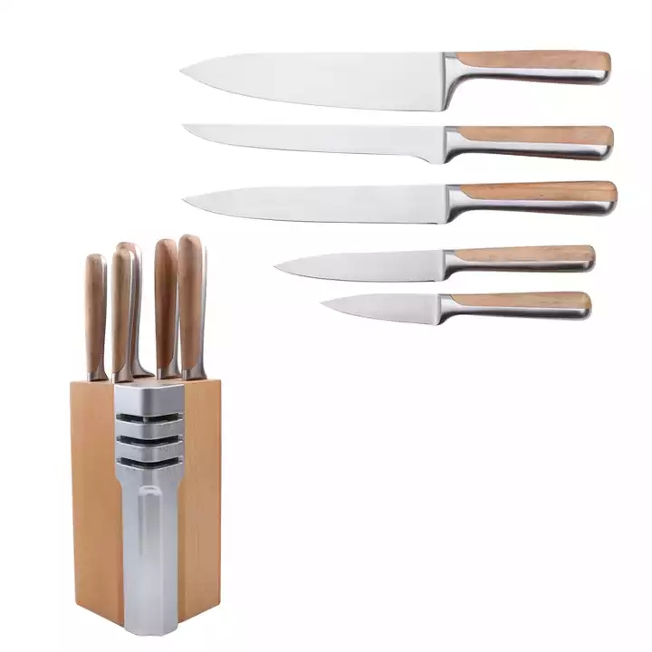 Conjunto de faca de cozinha de aço inoxidável na madeira de faia + 430 punhos com base de armazenamento de faca de madeira 