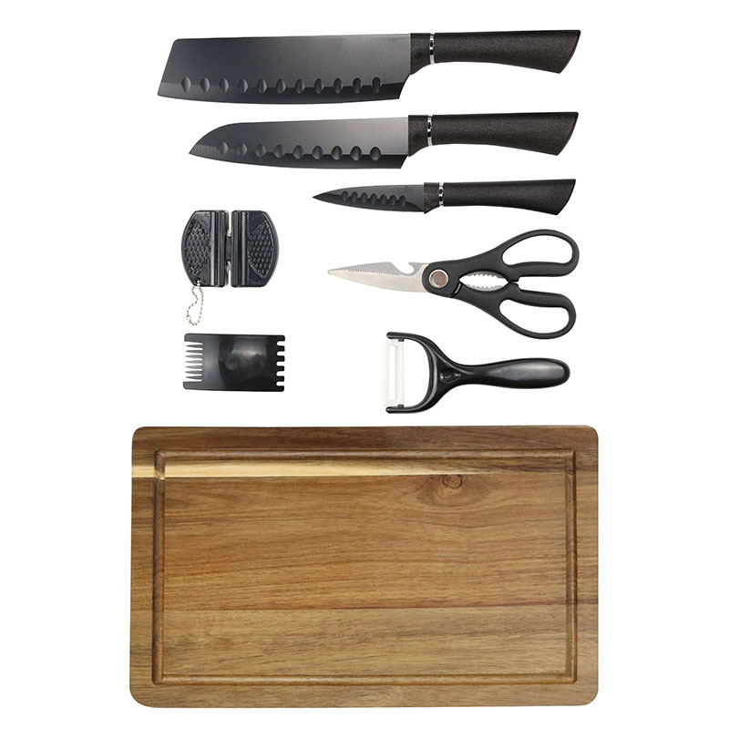 Novo Design Green Color Gift Box Embalagem Scissor Abacate Peeler E PP Handle Kitchen Knife Set Com Bamboo Cutting Board 