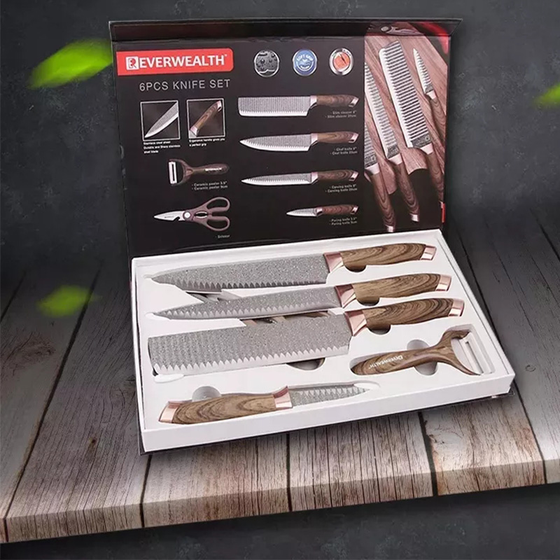 6pcs PP Com Madeira Grão Revestimento Handle Knife Set Facas de Cozinha Revestidas Coloridas Set In Gift Box 